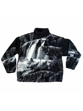 VTG Black Mountain Timber Wolf Waterfall Graphic Full Zip Fleece Jacket Unisex L